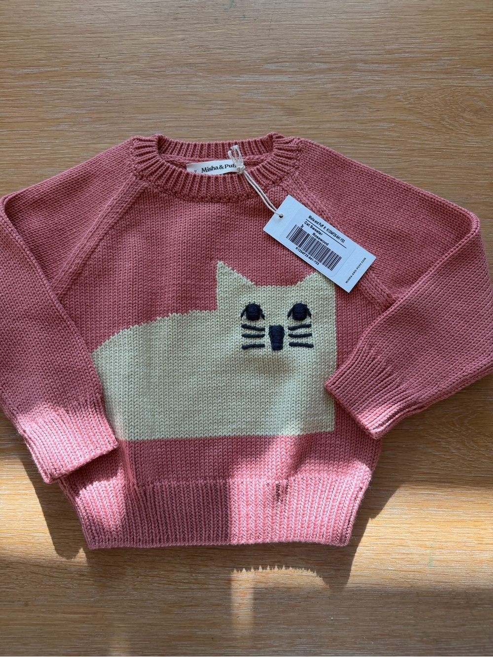 Misha And Puff Rose Pink Sweater with Cream Cat Intarsia